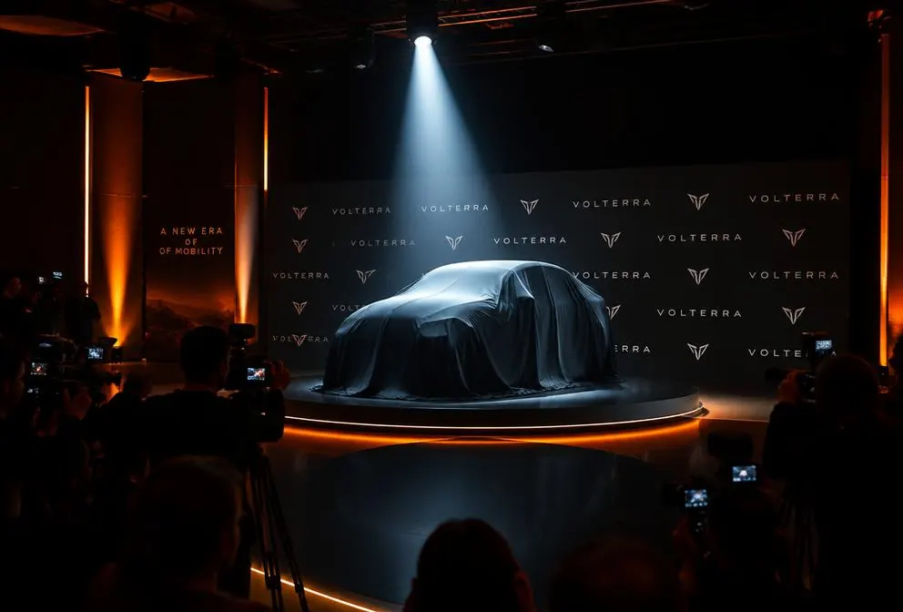 Product launch stage with dramatic spotlight and media wall